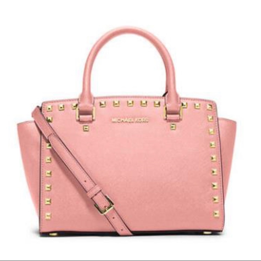 Michael Kors Bags | Selma Medium Stud Top Zip Pale Pink / Gold, Gold/Pink